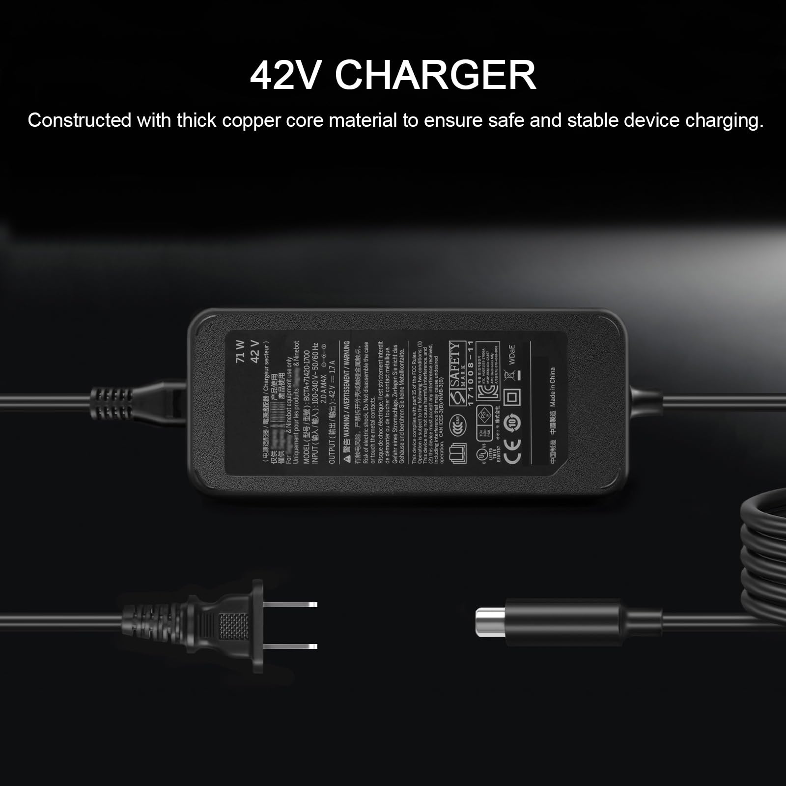 JUYOON 42V 71W Charger Compatible with Segway Ninebot Electric Scooter max G30L G30LD G30LE G30LP F2 pro ES1 ES2 ES3 ES4 VOLPAM Okai Roinside AovoPRO Aovowheel BCTA+71420-1700 42V 1.5A 2A