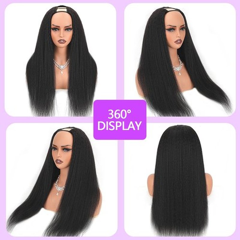 Fuduete 18 Inch Kinky Straight U Part Human Hair Wig With Drawstring for Black Women 220% Density Glueless Yaki Straight U Part Human Hair Wigs No Sew in No Glue Natural Color