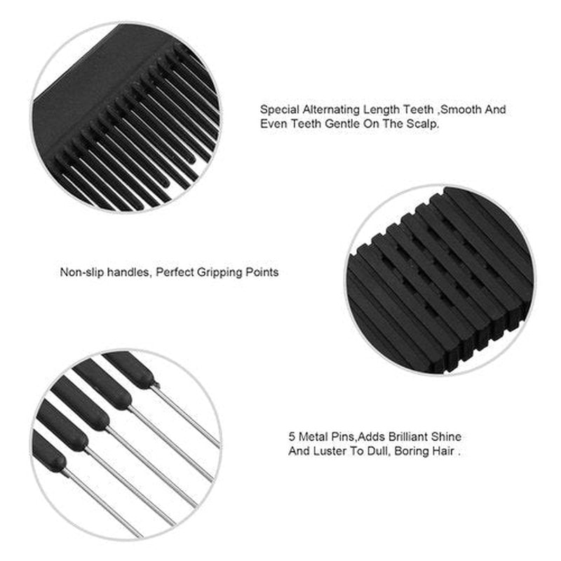 Leinuosen 3-Pack Carbon Lift Teasing Combs - Metal Prong Hair Picks for Women's Styling | Black