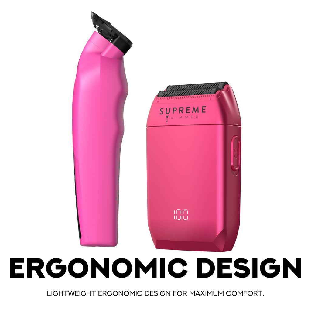 Supreme Trimmer Vader Trimmer & Crunch Foil Shaver Barber Haircutting Kit | Professional DLC T-Blade Beard Trimmer & Waterproof IPX6 Shaver Set | Pink