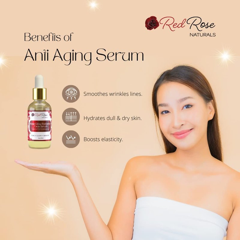 Red Rose Naturals Rose Glow Radiance Face Serum | Daily Hydration For Anti-Aging, Glowing Serum For All Skin Types, Suitable for oily skin, dry skin, sensitive skin | Vegan - 15 ml