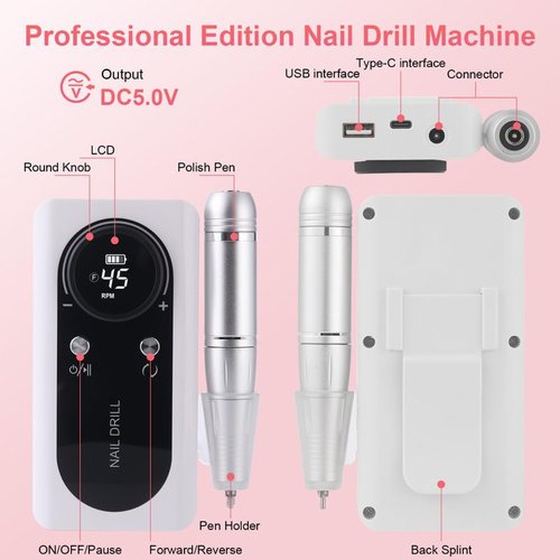 Electric Nail Drill Machine 45000RPM Rechargeable Portable DIY Nail File Electric Nail Drill Kit with Smart LCD Screen for Gel Nail Manicure and Pedicure Reflective Body etc(WHITE)