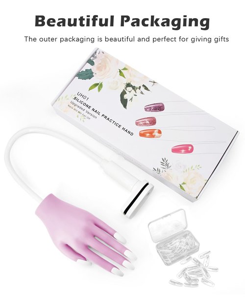 Silicone Hand for Acrylic Nails, Professional Silicone Practice Hand for Nails, Nails Never Fall Off, Flexible Bendable Acrylic Nail Practice Hand with Clear Nail Tips, Purple