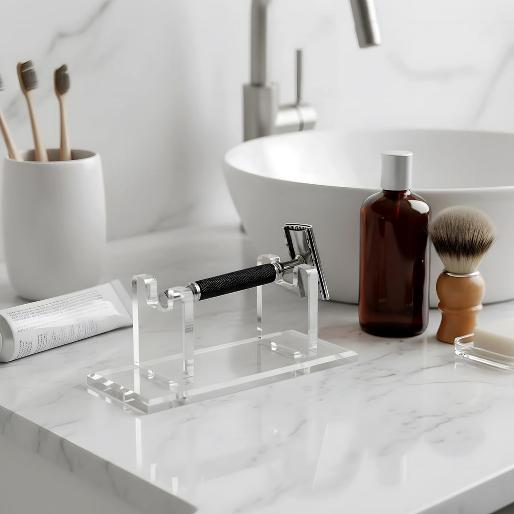 Fiwochic 2 Pcs Acrylic Men's Razor Stand Holder Safety Razor Stand Stable Storage Bracket Shaving Brush Stands Bathroom Compatible with MK23C, Clear