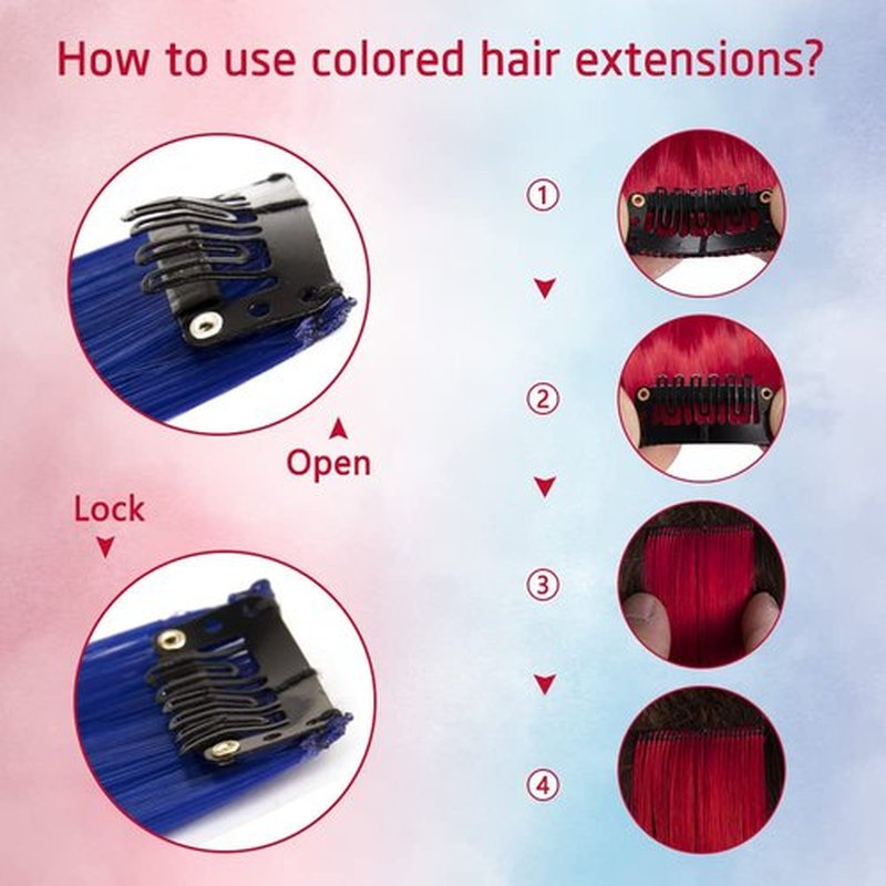 20 Packs Colored Hair Extensions 20Inch Straight Multi-Colors Party Highlights Clip In Hair Extension Synthetic Rainbow Hairpieces for Girls Gift(Blue, Navy Blue, Red, Pink)