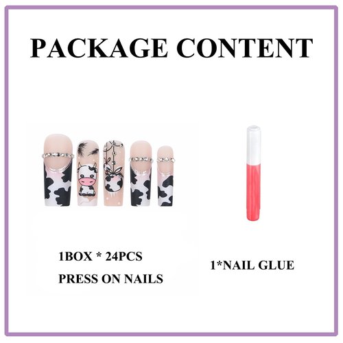 MERVF Long Square Press on Nails Cow Print French Tip Fake Nails Glitter Glue ons with Rhinestones Design Squoval Cute Snow Winter Acrylic False Nail Matte 24pcs