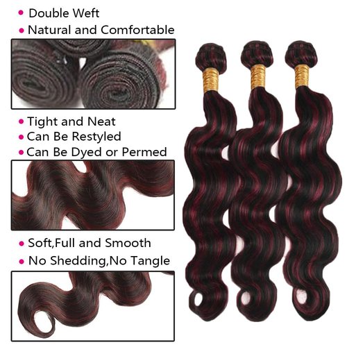 P1B/99J Highlight Burgundy Human Hair Bundles Body Wave 24 24 24 Inch Burgundy Bundles 100g per Bundle 300g Total Color Black mix 99J Brazilian Remy Hair
