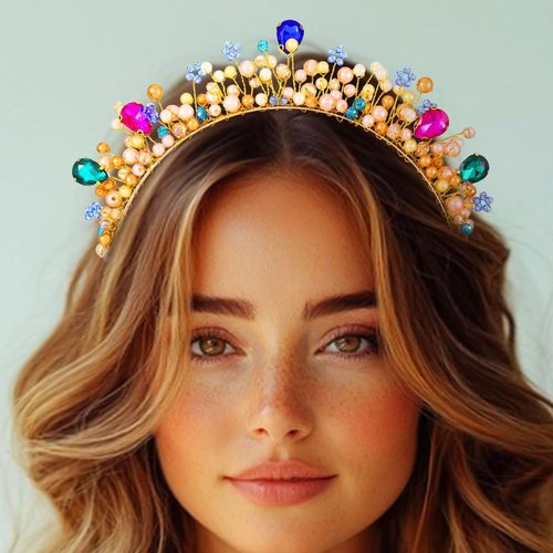 Kesvb Rhinestone Headband Colourful Pearl Crown Headpiece Flower Wedding Bridal Jewelry Hair Accessories for Women