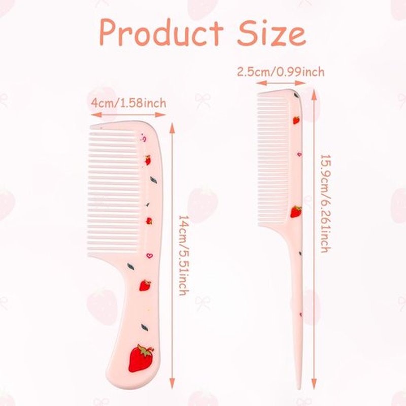 Skiennix Cute Hair Comb Set - Pink Strawberry Fine Tooth & Rat Tail Combs for Kids and Toddlers