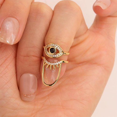 Jean Beau Gold Evil Eye Finger Nail Ring for Women Teen Art Black Rhinestones CZ Finger Cap Cover Tip Rings Gold Metal Nail Decoration Nail Protect Fashion Jewelry Gift