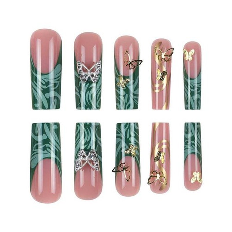 Foccna Press on Nails Long Rhinestone Green Fake Nails French Nails Square Bling Glossy 3D Butterfly False Nail Tips Artificial Nails Finger Manicure for Women and Girls 24pcs