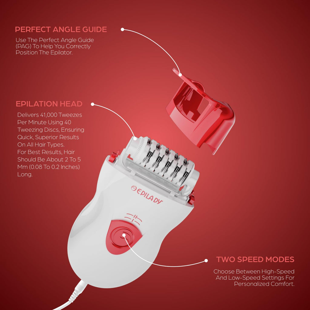 Epilady Speed Corded Epilator for Women – Dual-Speed 40-Disc Root Hair Removal Device for Legs, Underarms and Bikini Area Compact Waterproof Anti-Pinch Design for Smooth Long-Lasting Results