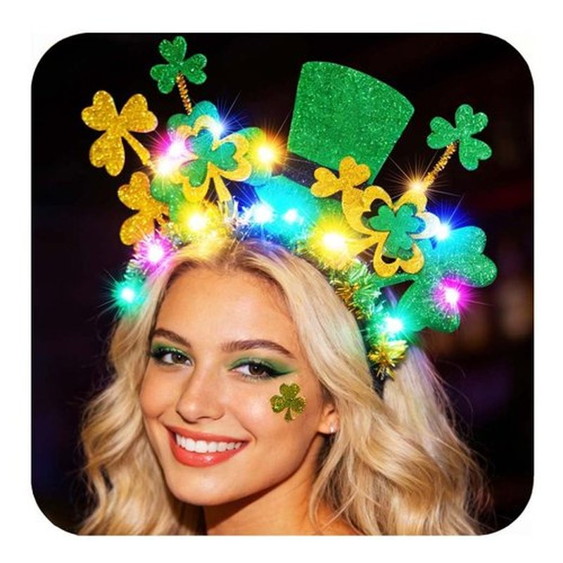 BARTOSI Light Up St Patrick's Day Headband LED Shamrock Hat Headbands Irish Green Hair Accessories for Women and Girls