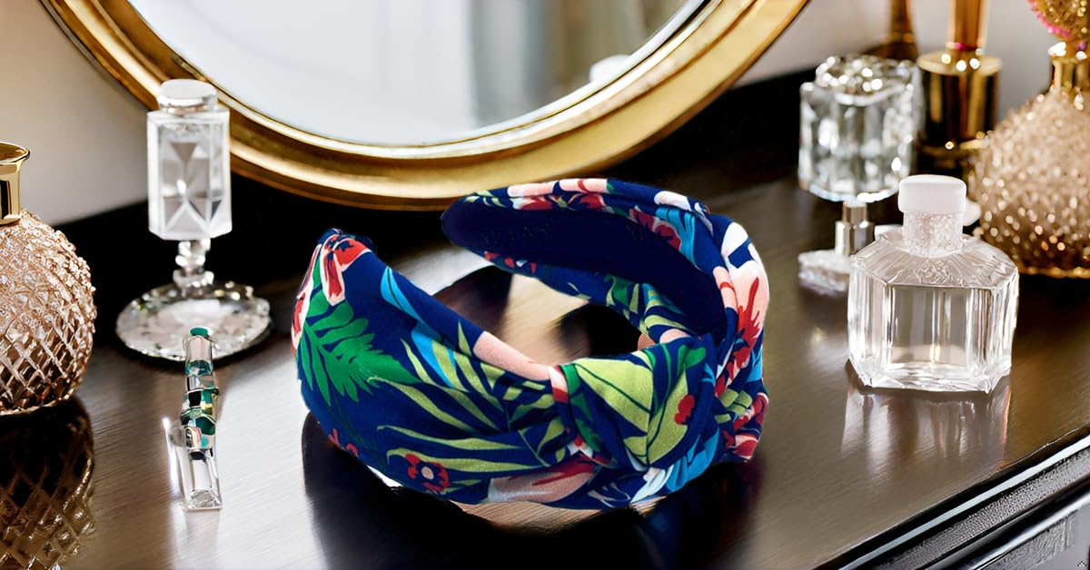 YETASI Navy Blue Floral Knotted Headband for Women Warable All Day Made of Silk Quality Flower Satin Fabric, Unique and Classy. Girls Headbands, Fashion Designer Top Knot Head band