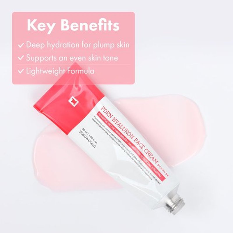 TOSOWOONG PDRN Hyaluron Face Cream, 5,000ppm Salmon DNA, Niacinamide, Hyaluronic Acid and Panthenol Moisturizer for Hydrating & Firming, Uneven Skin Tone Care, Korean Skincare, 50ml / 1.69 fl. oz.