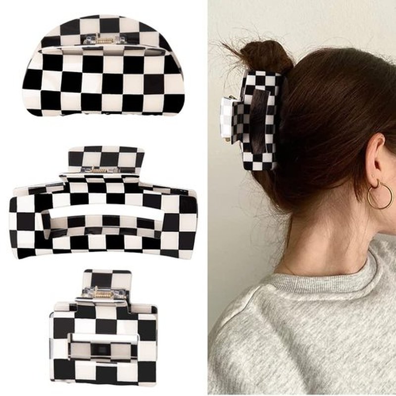 Skiennix Vintage Checkered Y2K Hair Barrettes - Aesthetic 3-Piece Claw Clip Set for Women & Girls