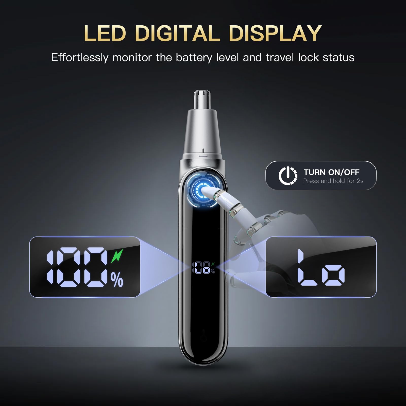coldSky Ear & Nose Hair Trimmer with LED Display for Men Women - Professional Painless Eyebrow & Facial & Nose Hair Trimmer, USB Rechargeable, Dual-Edge Blades for Smoother Cutting Sliver