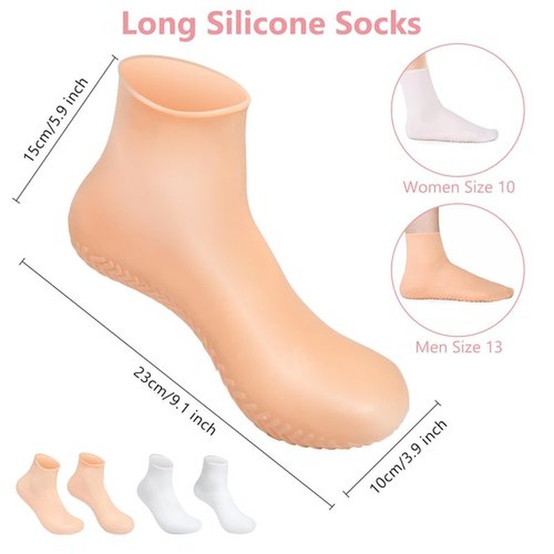 Silicone Moisturizing Socks for Dry Cracked Feet - 2 Pairs, XL Long Size, Non-Slip Heel Socks for Women and Men - High Stretch Foot Care Pedicure - White & Beige