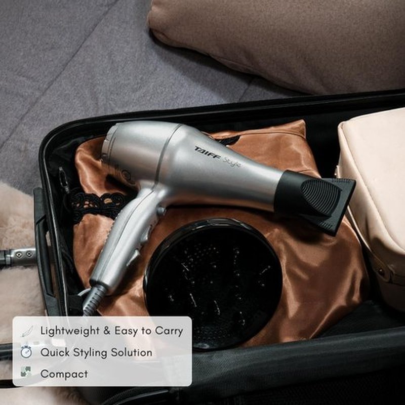 Taiff Style IonSense Professional Hair Dryer | 1875W Ionic Ceramic Blow Dryer with Diffuser | Lightweight Travel Friendly | Dual Voltage - Fast Drying | Silver