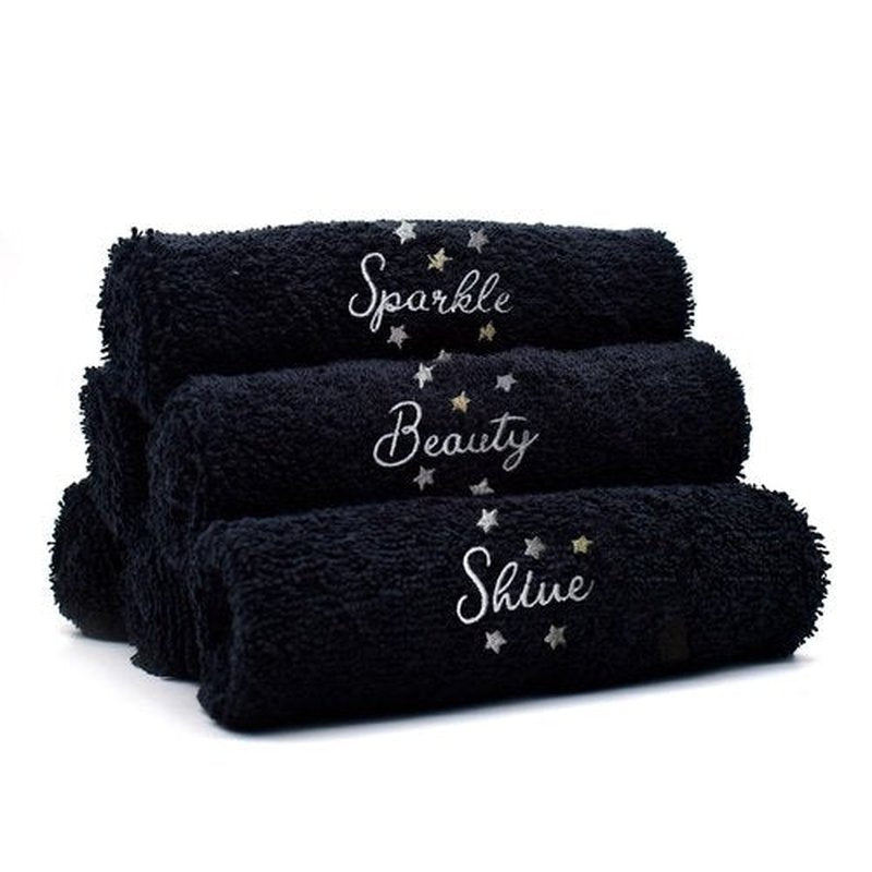 DAN River Black Makeup Towels - Pack of 6 (13x13 in) - Ultra Soft Cotton Face Towels with Embroidery - Reusable, Quick-Dry & Machine Washable Makeup Remover Cloths for Bathroom, Spa & Salon