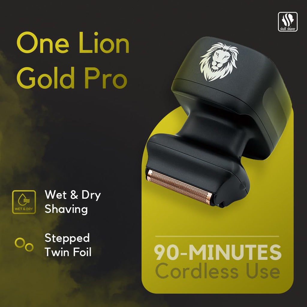 Skull Shaver One Lion Gold PRO Face Shaver for Men - Precision Grooming - Stepped Twin Foil - Ergonomic Grip - LCD Display - Cordless & Rechargeable