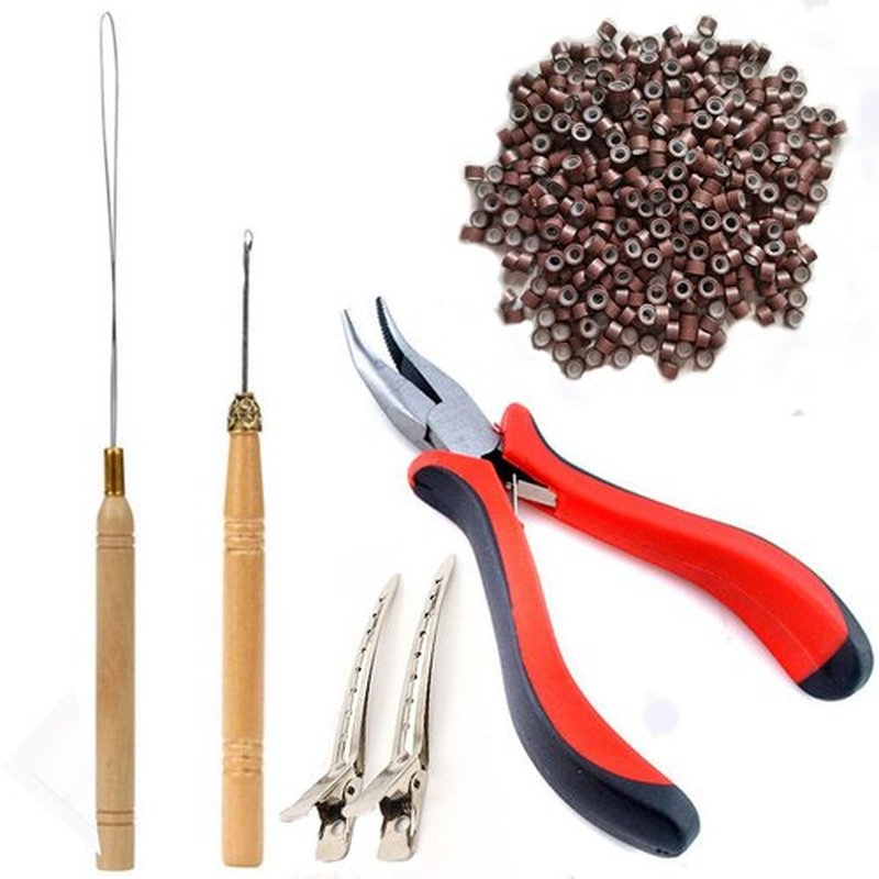 Hair Extensions Tools Kit 500 Pcs Micro Ring Beads 1 Hair Extension Plier 1 Hook Needle 1 Pulling Loop Professional Hair Styling Tools Accessory(Brown)