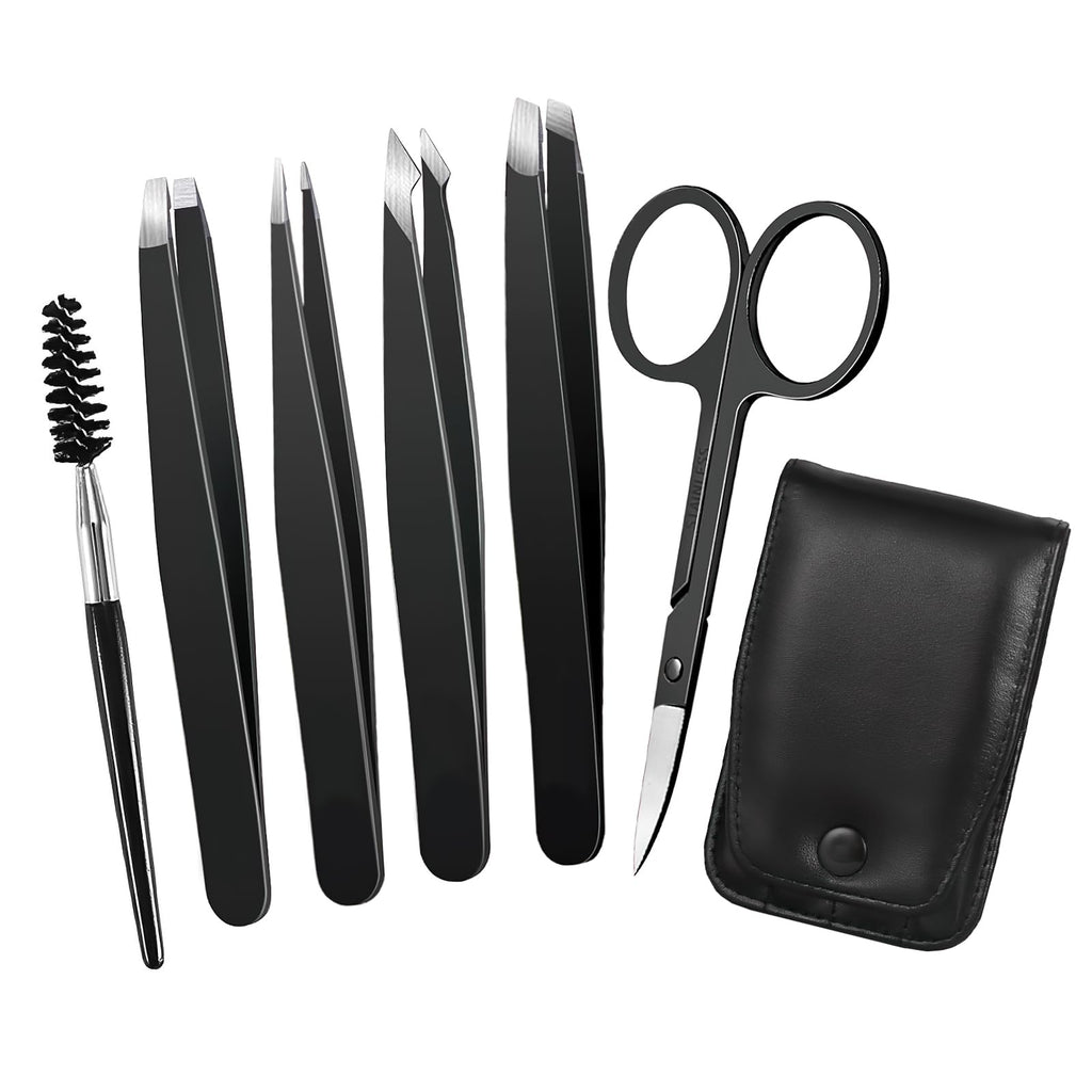 6 Pcs Tweezers Set – Eyebrow Tweezers with Curved Scissors for Ingrown Hair, Hair-Plucking Daily Beauty Tools for Women, with Leather Travel Case