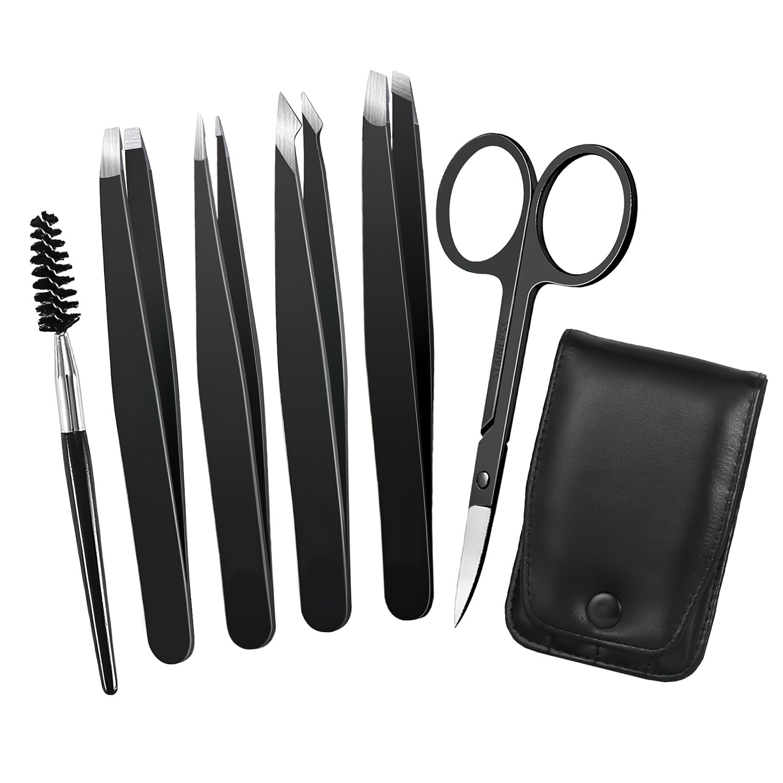 6 Pcs Tweezers Set – Eyebrow Tweezers with Curved Scissors for Ingrown Hair, Hair-Plucking Daily Beauty Tools for Women, with Leather Travel Case