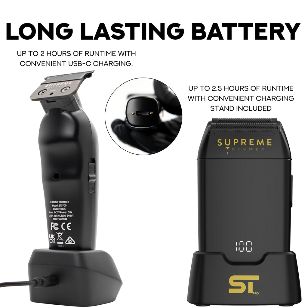 Supreme Trimmer Vader Trimmer & Crunch Foil Shaver Barber Haircutting Kit | Professional DLC T-Blade Beard Trimmer & Waterproof IPX6 Shaver Set | Black Lite