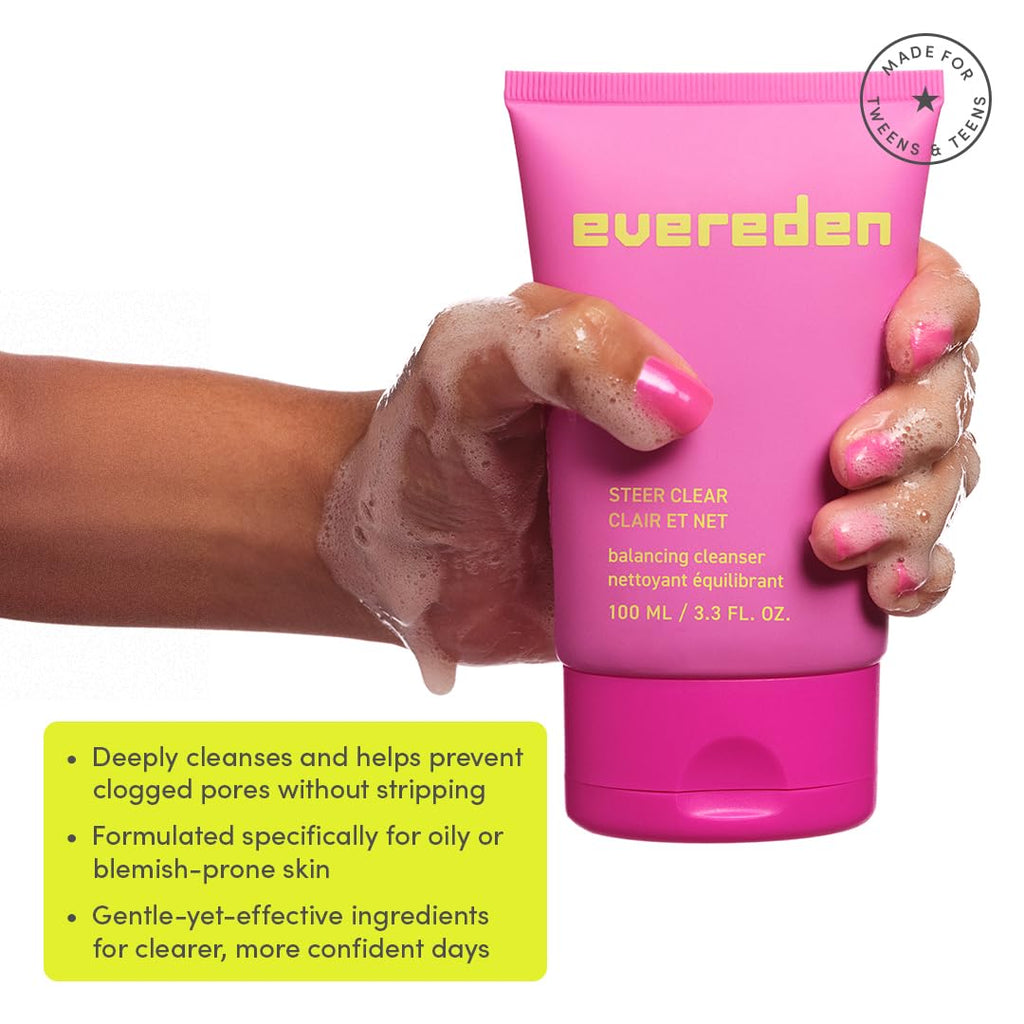 Evereden Pre-Teen Collection: Triple Green Tea Steer Clear Balancing Jelly Cleanser Face Wash, Let's Bounce Gel-Cream Face Moisturizer, & Balance Up Water-Based Toner Pads for Face