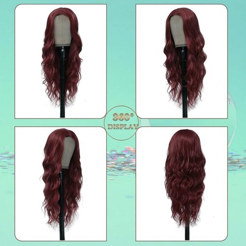 Red Wigs for Women Long Wavy Wig Natural Middle Part Wine Red Wig Synthetic Curly Wave Hair Replacement Wigs Heat Resistant Fiber Hair Wig for Daily Party (26'' Red)