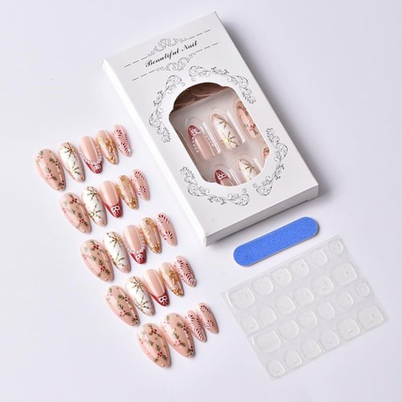 Christmas Press On Nails Medium Almond Fake Nails Press Ons With 3D Pearl Gold Gingerbread Man Design French Bow Holiday False Nails Xmas Candy Winter Snowflake Acrylic Glue On Nails For Women Girls