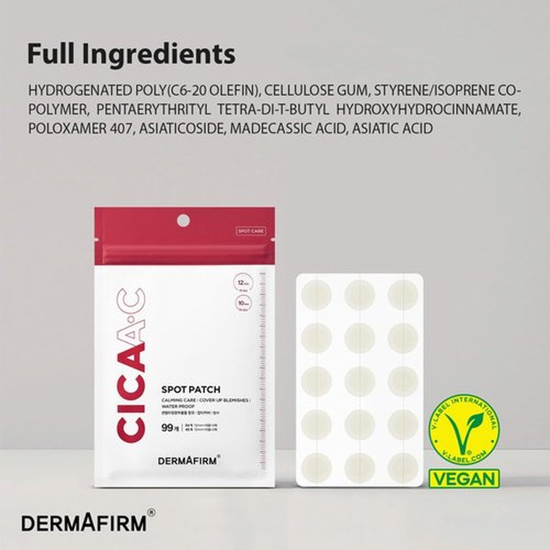 Dermafirm CICA A.C Spot Patch - Korean Skin Care Pimple Patches for Face w/Centella Asiatica - Invisible Vegan Hydrocolloid Pimple Patches - Water Resistant Hydrocolloid 10mm & 12mm (99EA)