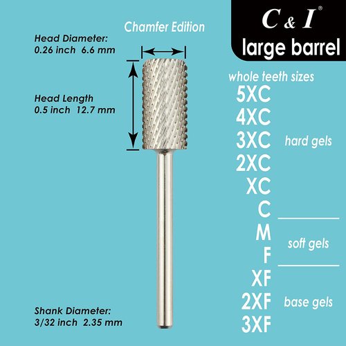 C & I Large Barrel Nail Drill Bit, Chamfer Edition, Professional E-File for Nail File Machine, Designed to Remove Nail Gels, Acrylics, and other nail color covers 3/32” (Ultra Coarse - 4XC)