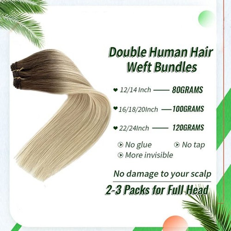 Sew in Hair Extensions Real Human Hair Ash Brown Highlighted Platinum Blonde Weft Hair Bundles Ombre 100G 22 Inch Hand Tied Human Hair Extensions