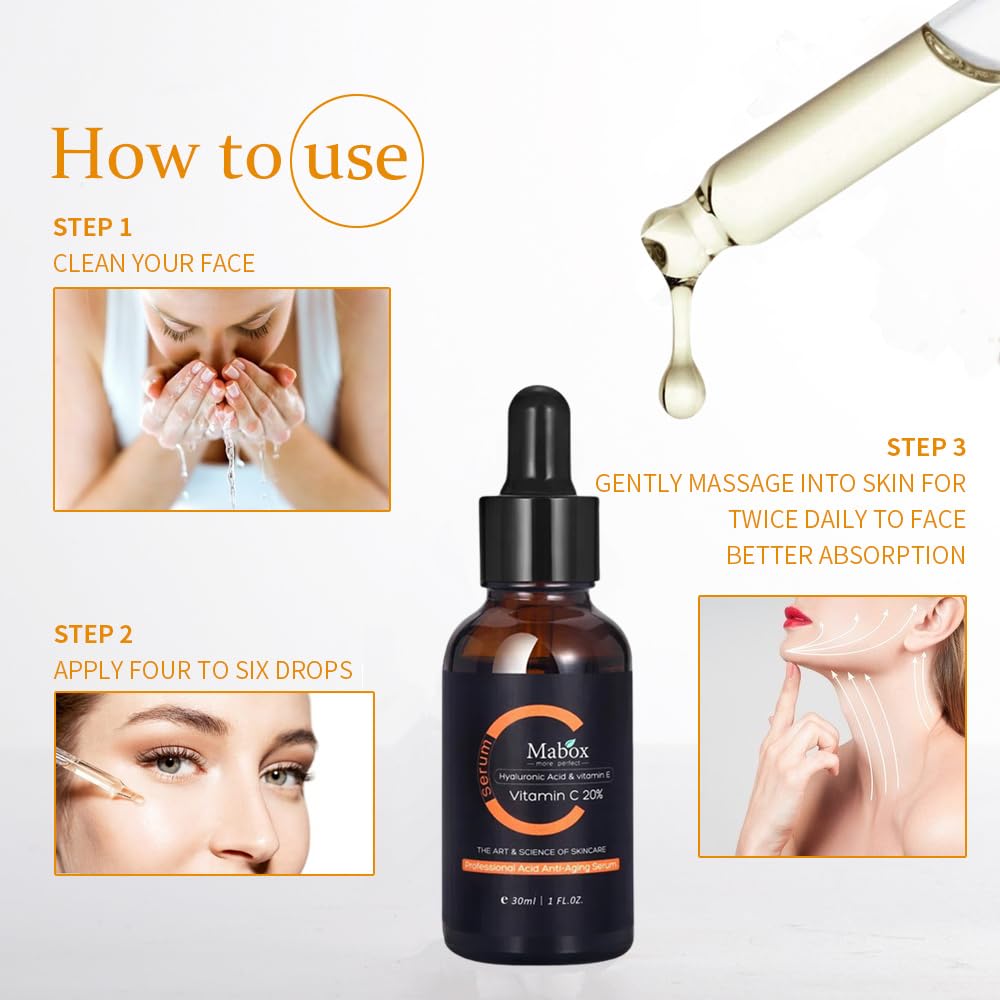 20% Vitamin C Face Serum With Hyaluronic Acid and Vitamin E- Facial Serum - Fade Dark Spots, Acne & Wrinkles, Smoothing Skin Serum for Face and Eye (1 fl.oz)