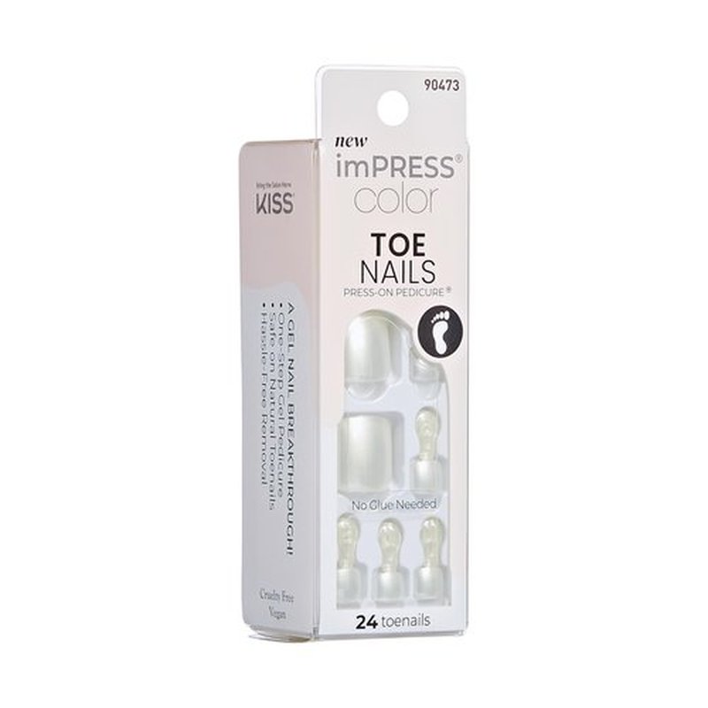 KISS Impress Color No Glue Pedi 30 Pcs Press on Toenails, White Glitter Stick on Extension False Nails for Toes, Peel & Press Easy Apply, Hassle-Free Removal, Includes Manicure Stick, Prep Pad & File