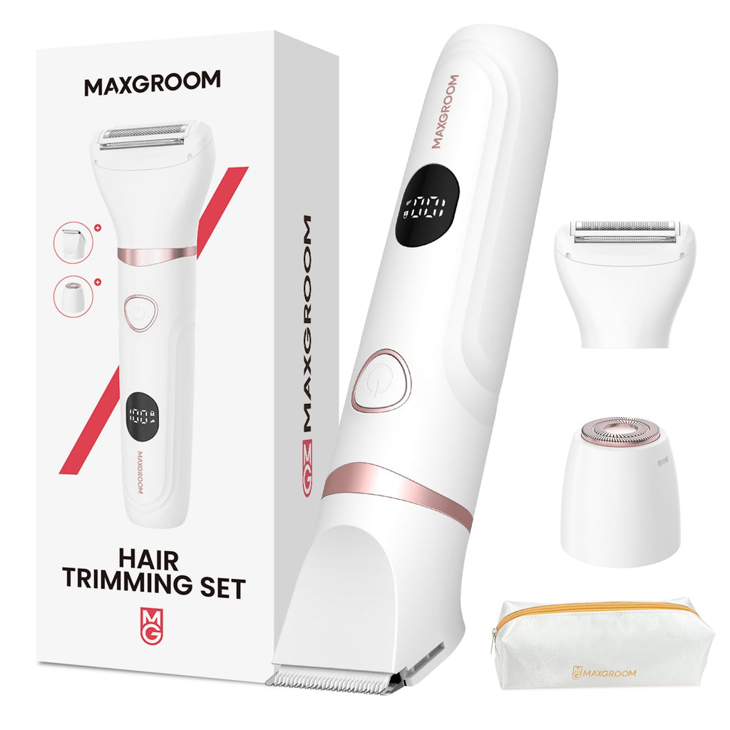 Bikini Trimmer for Women - MAXGROOM Waterproof Electric Razors for Women, Cordless Electric Shaver for Private Area with LED Display, USB Rechargeable & Travel Pouch, White