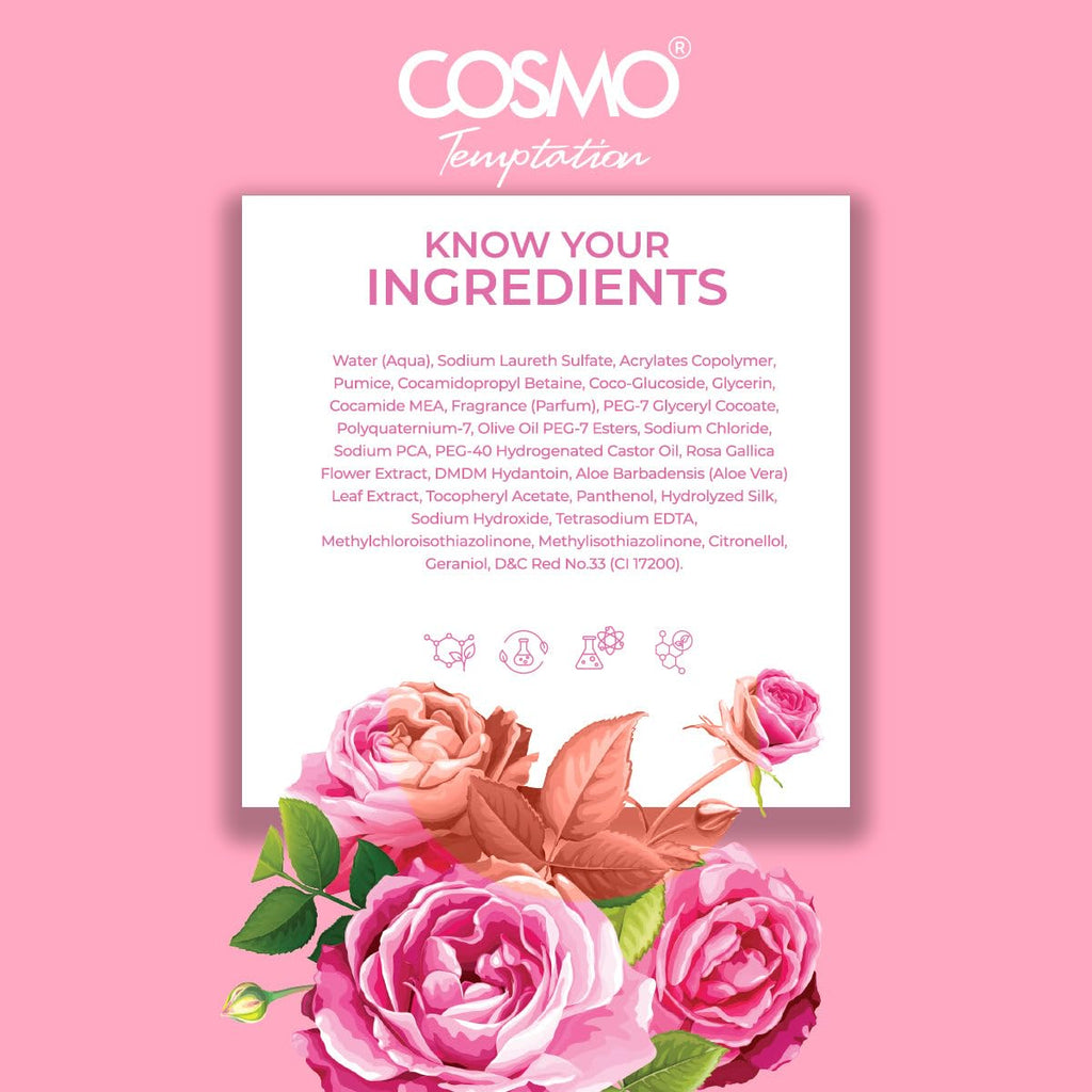 Cosmo Skin Care Temptation British Rose Shower Scrub 1000ml/33.81fl.oz, Body Cleansing, Skin Exfoliate, Remove Impurities & Dead Cells, Best Body Wash, Daily Use Shower Gel, All Skin Types