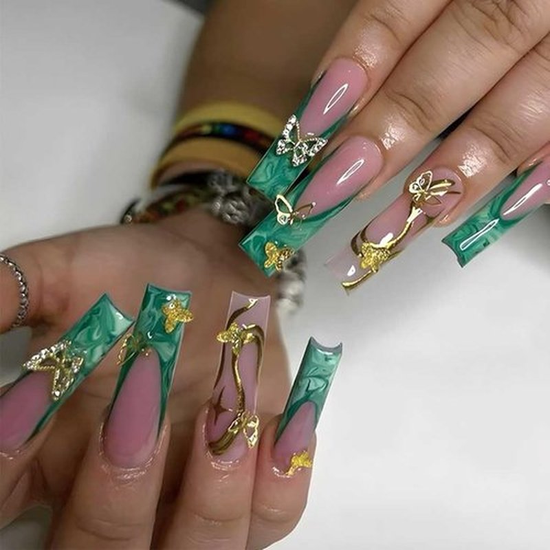 Foccna Press on Nails Long Rhinestone Green Fake Nails French Nails Square Bling Glossy 3D Butterfly False Nail Tips Artificial Nails Finger Manicure for Women and Girls 24pcs