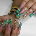 Foccna Press on Nails Long Rhinestone Green Fake Nails French Nails Square Bling Glossy 3D Butterfly False Nail Tips Artificial Nails Finger Manicure for Women and Girls 24pcs