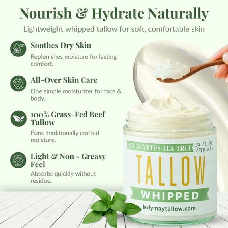 Lady May Tallow Whipped Tallow 24oz - All Natural Face Cream + Whole Body Moisturizer for Dry Skin - Made With Eucalyptus Oil - No Preservatives, Parabens or Seed Oils -USA Made (Eucalyptus Tea Tree)
