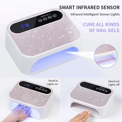 HeerMua Cordless UV Nail Lamp, 268W Rechargeable UV Gel Nail Light, Sparkling Rhinestones Diamond UV Light, Professional Fast Curing Nail Dryer with 4 Timers Touch Control Auto Sensor for Salon & Home