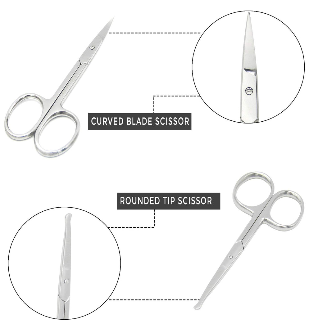 MELWEY Pack of 2 Rounded & Curved Blunt Tip Scissors, Eyebrow & Baby Nail