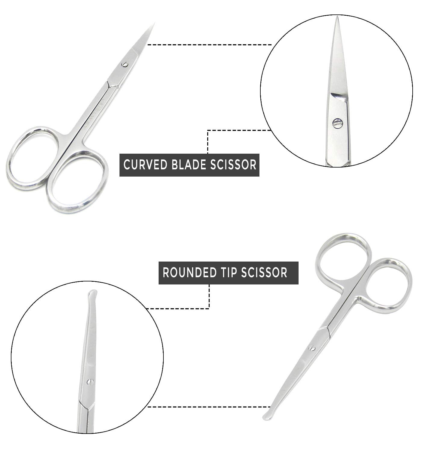 MELWEY Pack of 2 Rounded & Curved Blunt Tip Scissors, Eyebrow & Baby Nail
