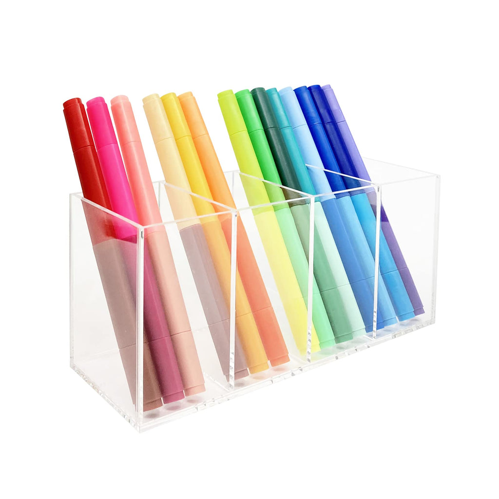 HSYMQ Acrylic Pen Holder 4 Compartments Clear Pencil Holder Organizer Makeup Brush Holder