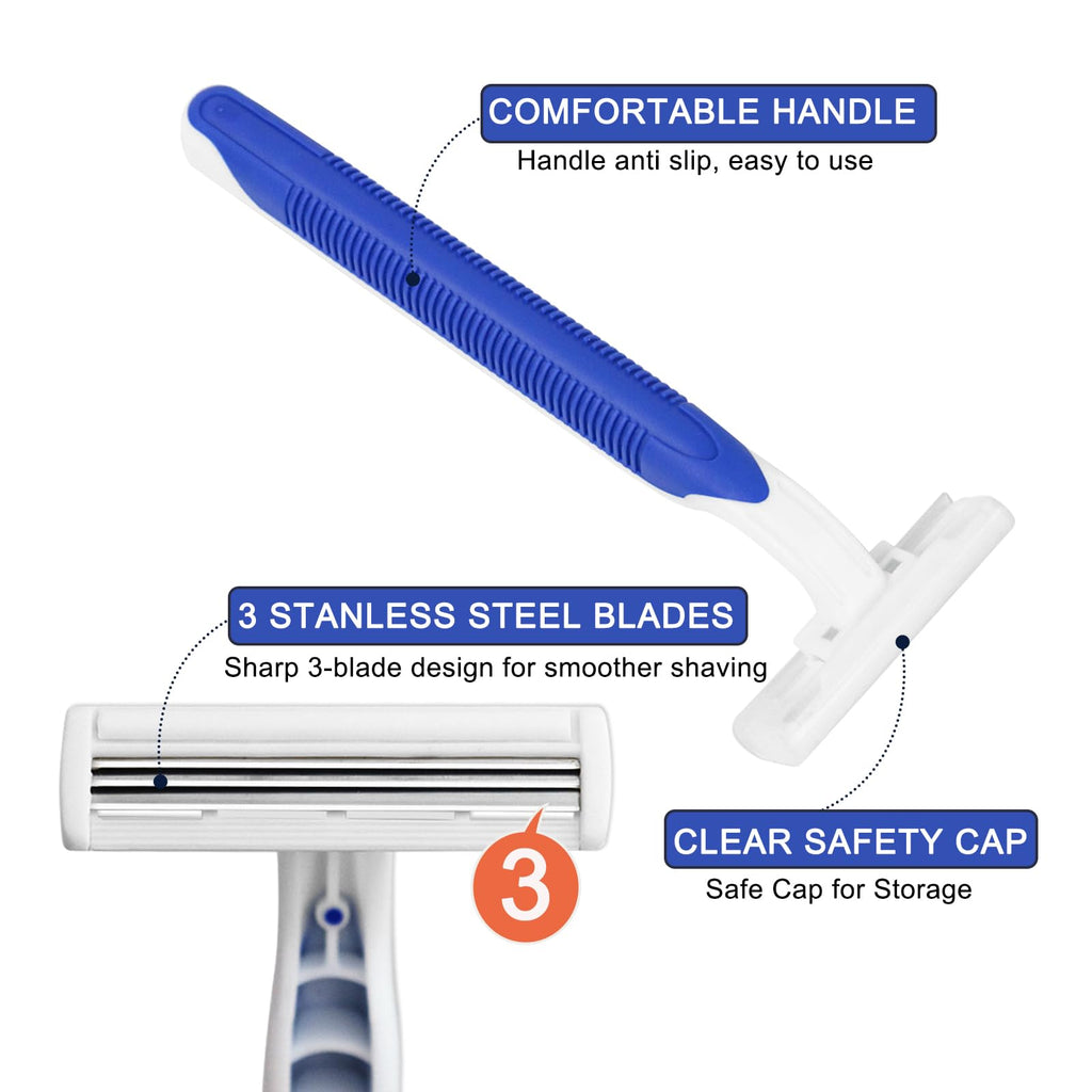 Xuezoioy Disposable Razors Bulk Pack of 50,Blue Travel Bulk Razors Single Use Individually Wrapped 3 Blade Men's Disposable Shaving Razors with Clear Cap for Homeless,Hotel,Charity,Air Bnb,Unisex
