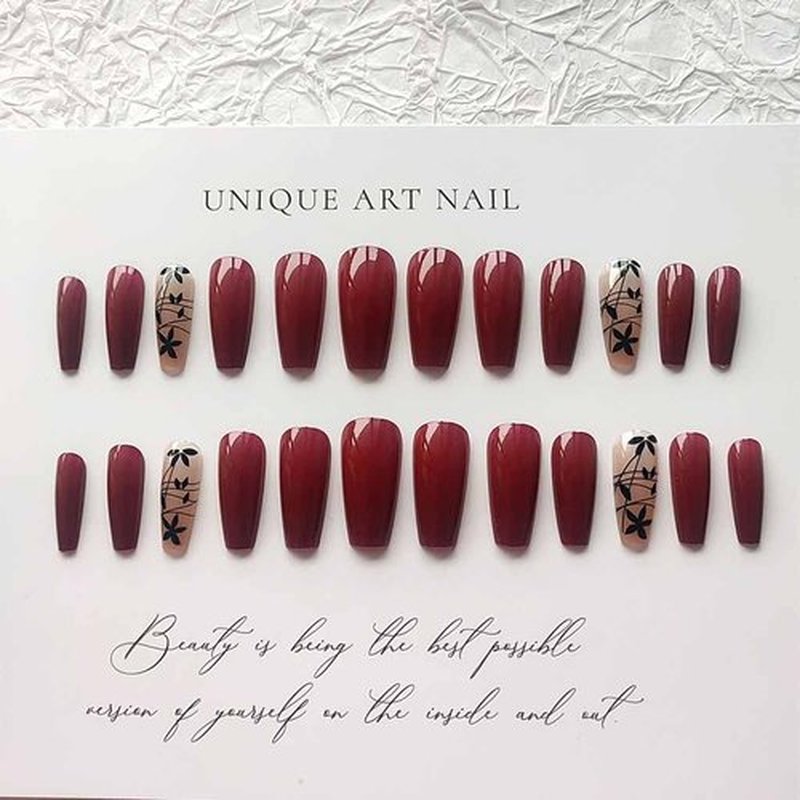 RikView Long Press Acrylic Nails - Red Coffin Fake Nails with Fall Design, Full Cover, 24 PCS/Set