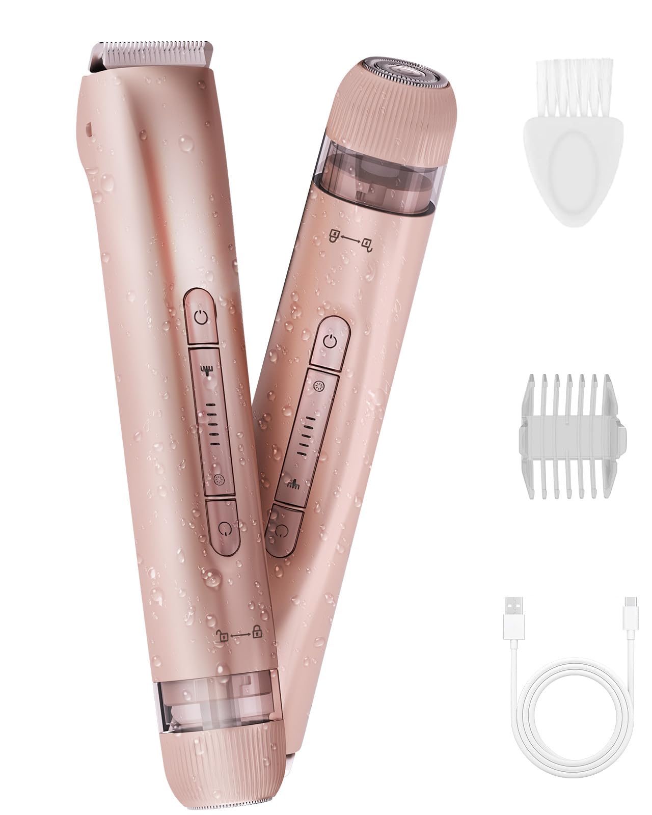 FIONOFY Bikini Trimmer and Shaver Kit for Women - 2-in-1 Electric Body Hair Trimmer Facial Hair Removal Cordless Bikini Shaver Razor Long-Rose
