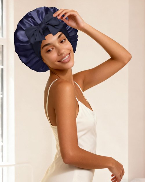 Reversible Satin Bonnet for Sleeping Women Silk Double Layer Hair Cap with 2PCS Scrunchies Elastic Tie Band Night Cap Wrap for Natural Curly Hair (Navy Blue + Light Blue)